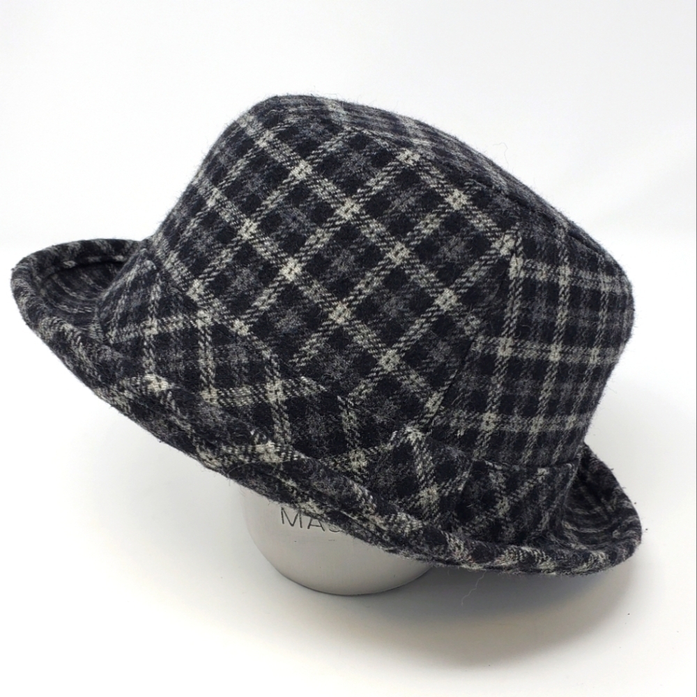 TARNISH BLACK GREY PLAID WOOL BLEND TRIBLY FEDORA HAT WOMEN OS
